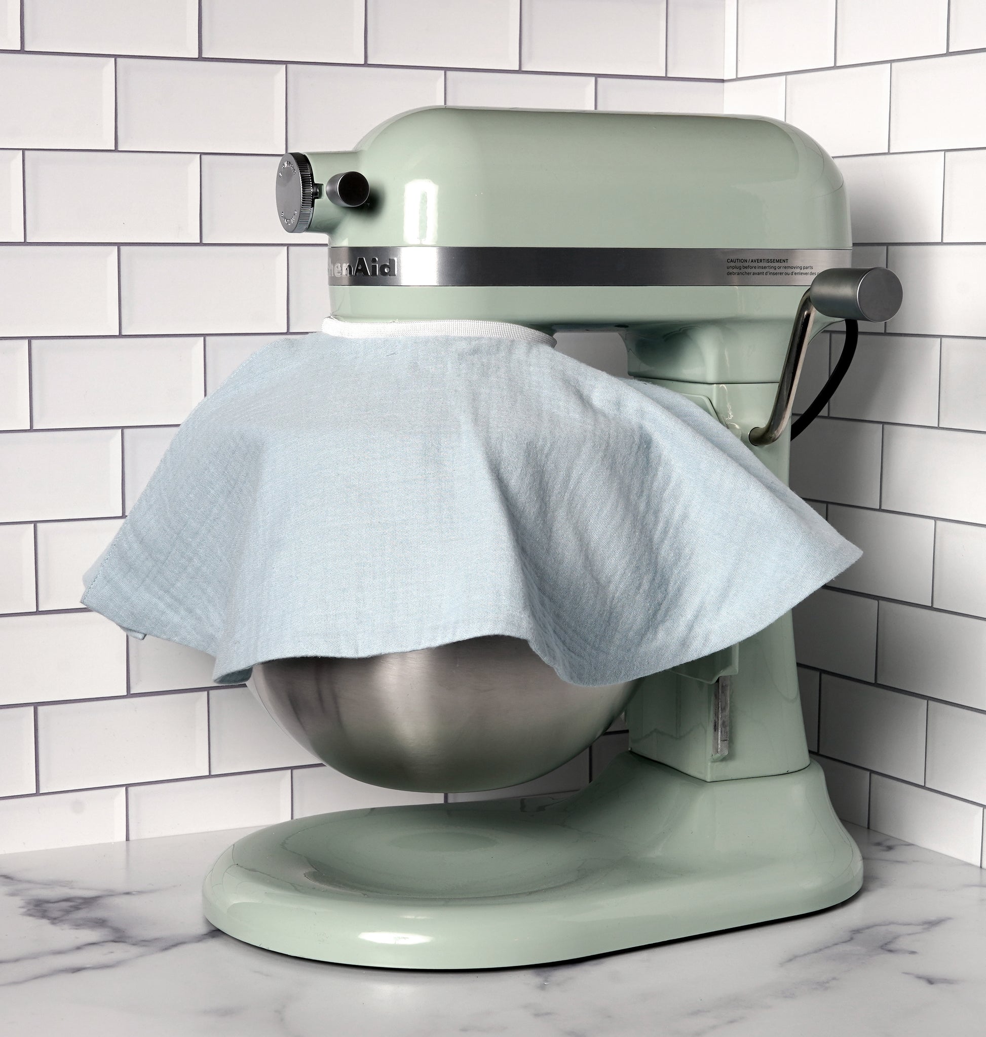 Fabric splash guard for KitchenAid lift stand mixer in blueberry extract