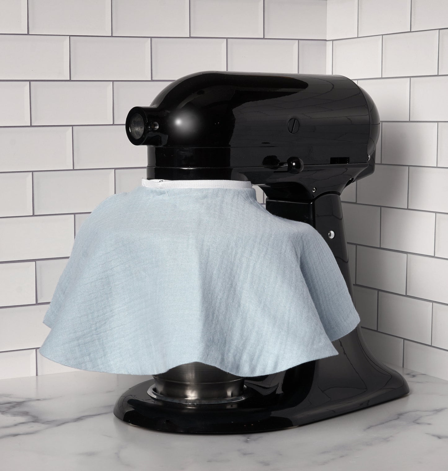 Fabric splash guard for KitchenAid stand mixer in blueberry extract