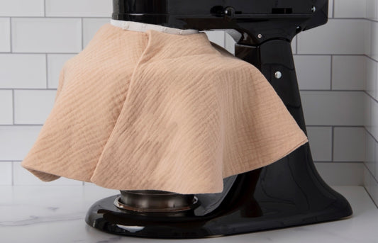 Fabric splash guard for KitchenAid stand mixer in cocoa powder