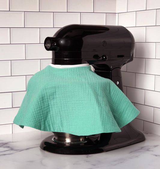 Fabric splash guard for KitchenAid stand mixer in mint chip